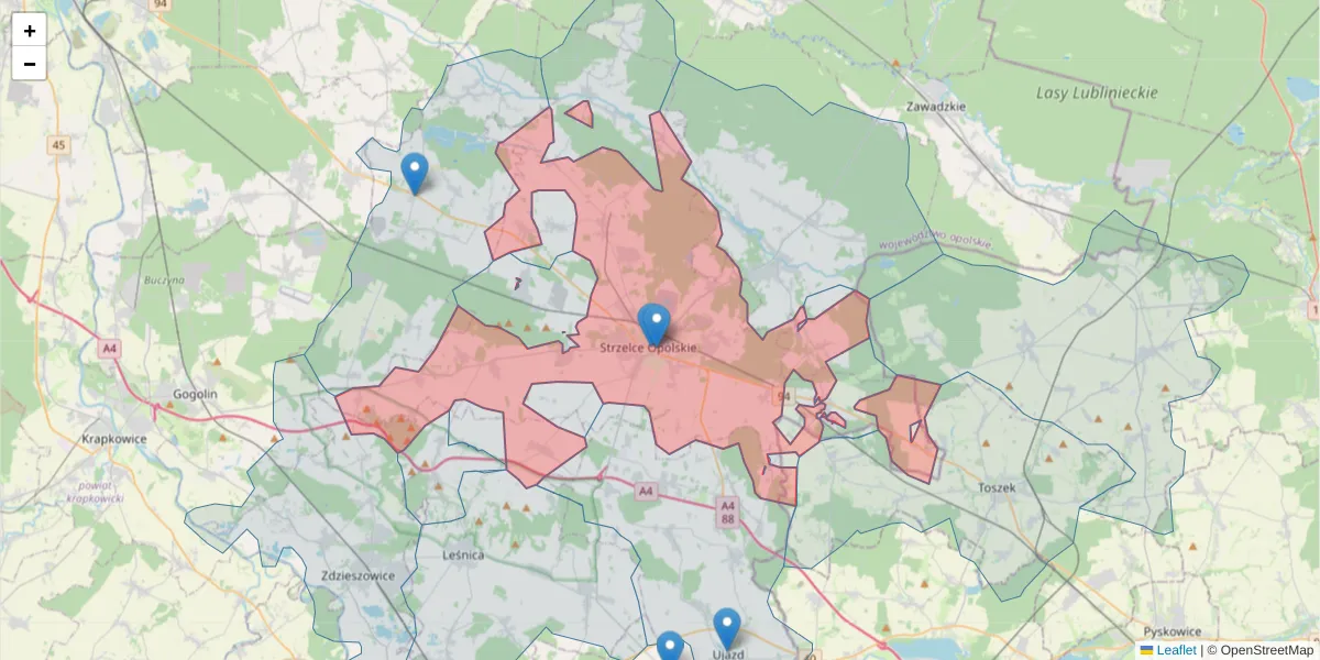 Szczegółowa mapa kodu pocztowego 47-100 z granicami, sąsiednimi kodami pocztowymi i urzędami pocztowymi