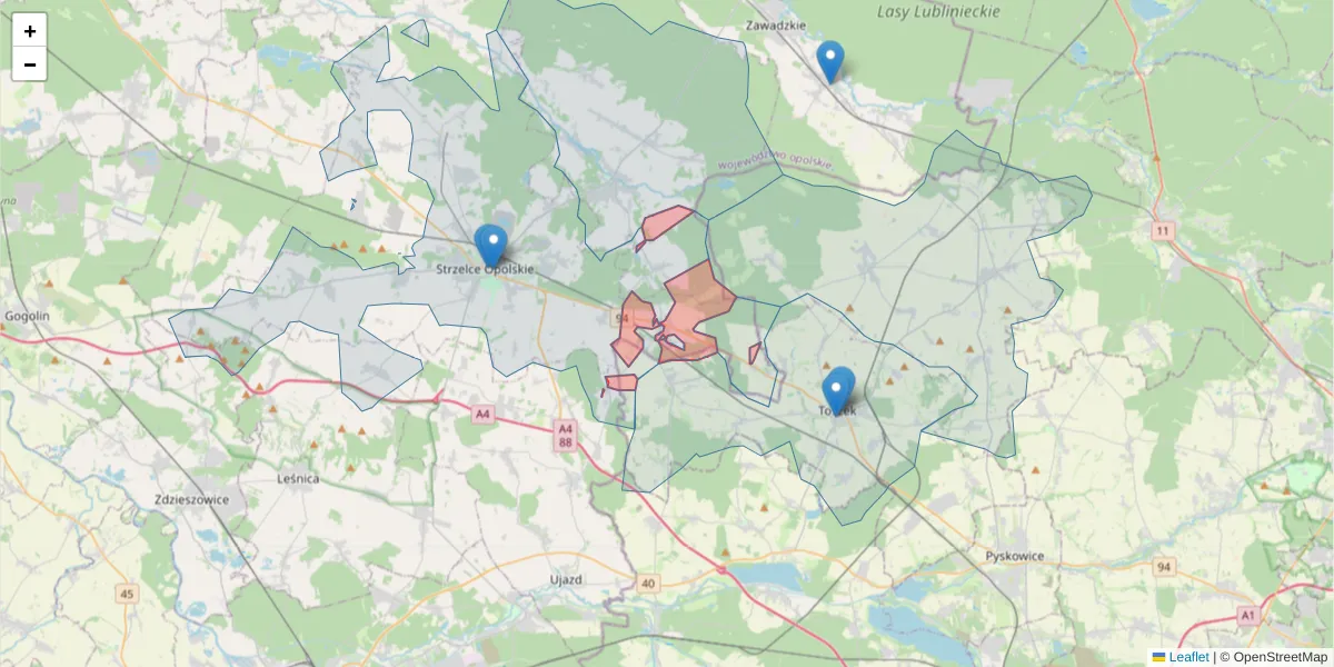 Szczegółowa mapa kodu pocztowego 47-134 z granicami, sąsiednimi kodami pocztowymi i urzędami pocztowymi