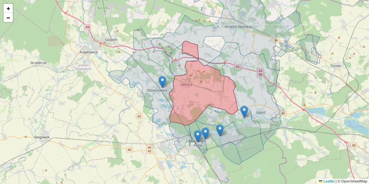 Szczegółowa mapa kodu pocztowego 47-150 z granicami, sąsiednimi kodami pocztowymi i urzędami pocztowymi
