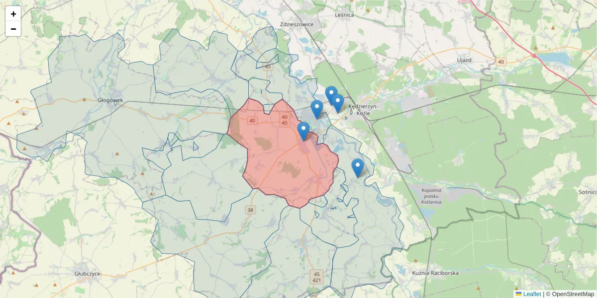 Szczegółowa mapa kodu pocztowego 47-208 z granicami, sąsiednimi kodami pocztowymi i urzędami pocztowymi