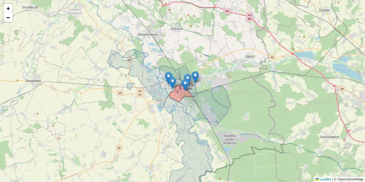 Szczegółowa mapa kodu pocztowego 47-224 z granicami, sąsiednimi kodami pocztowymi i urzędami pocztowymi