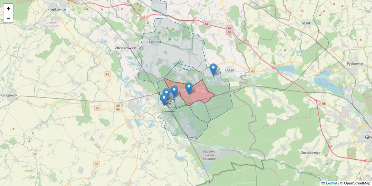 Szczegółowa mapa kodu pocztowego 47-225 z granicami, sąsiednimi kodami pocztowymi i urzędami pocztowymi