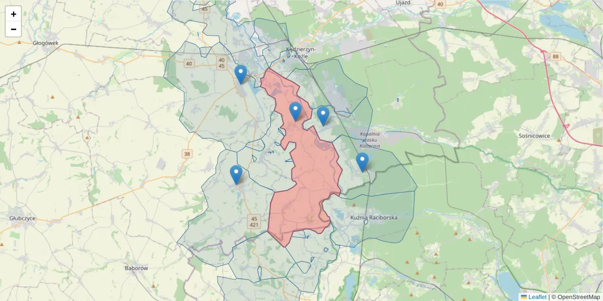 Szczegółowa mapa kodu pocztowego 47-253 z granicami, sąsiednimi kodami pocztowymi i urzędami pocztowymi
