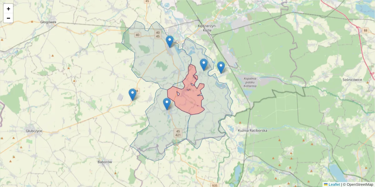 Szczegółowa mapa kodu pocztowego 47-263 z granicami, sąsiednimi kodami pocztowymi i urzędami pocztowymi