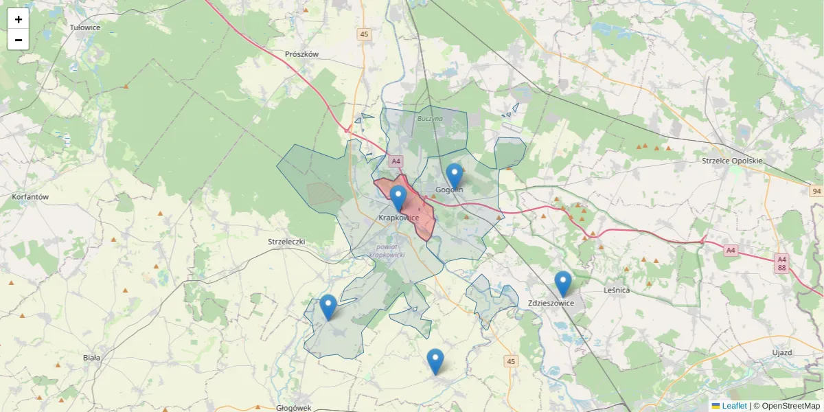 Szczegółowa mapa kodu pocztowego 47-303 z granicami, sąsiednimi kodami pocztowymi i urzędami pocztowymi