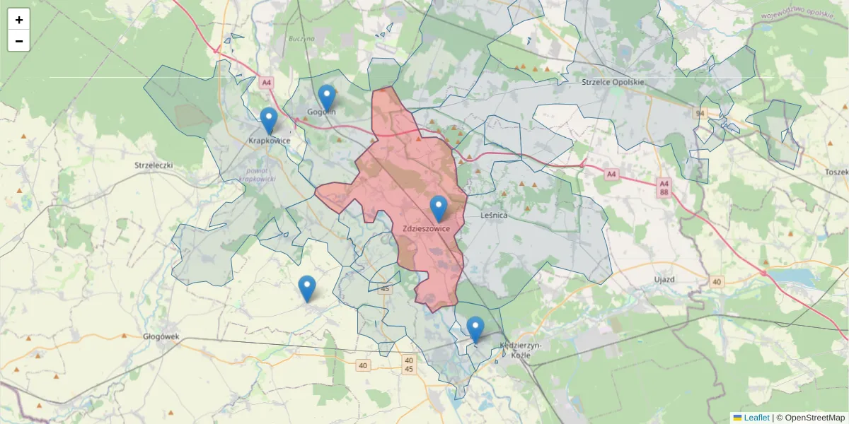 Szczegółowa mapa kodu pocztowego 47-330 z granicami, sąsiednimi kodami pocztowymi i urzędami pocztowymi