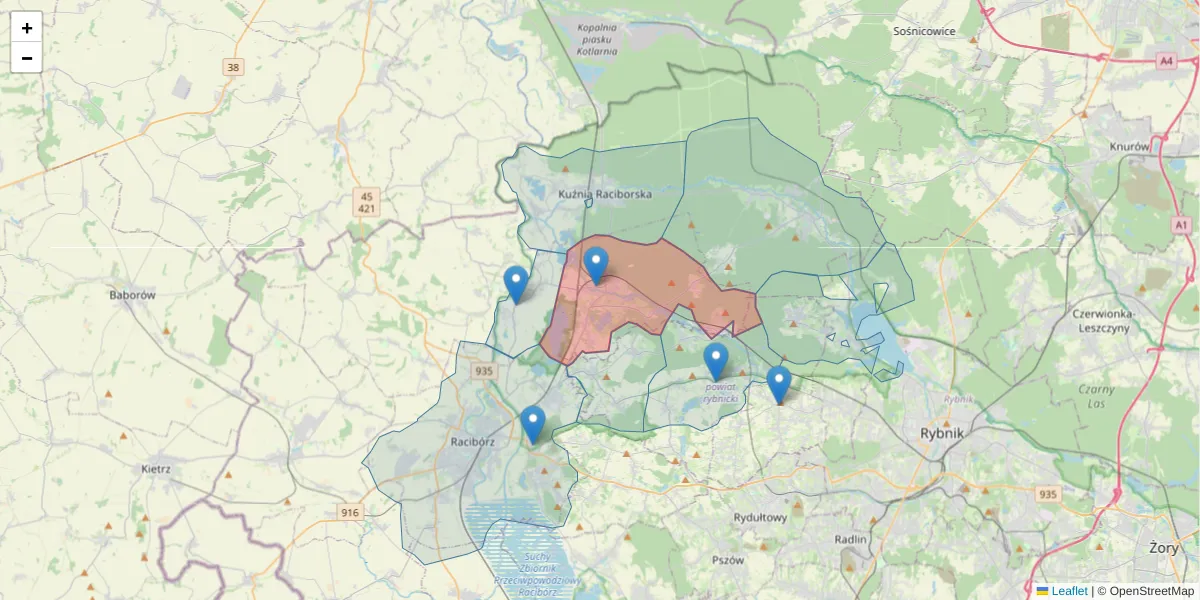 Szczegółowa mapa kodu pocztowego 47-440 z granicami, sąsiednimi kodami pocztowymi i urzędami pocztowymi
