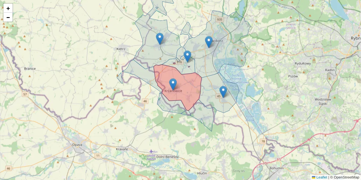 Szczegółowa mapa kodu pocztowego 47-470 z granicami, sąsiednimi kodami pocztowymi i urzędami pocztowymi