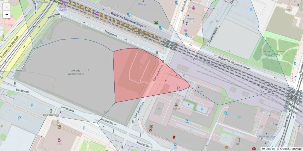 Szczegółowa mapa kodu pocztowego 50-021 z granicami, sąsiednimi kodami pocztowymi i urzędami pocztowymi