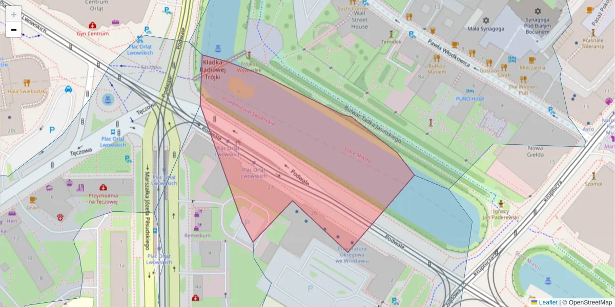 Szczegółowa mapa kodu pocztowego 50-042 z granicami, sąsiednimi kodami pocztowymi i urzędami pocztowymi