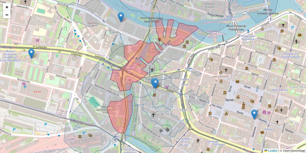 Szczegółowa mapa kodu pocztowego 50-043 z granicami, sąsiednimi kodami pocztowymi i urzędami pocztowymi
