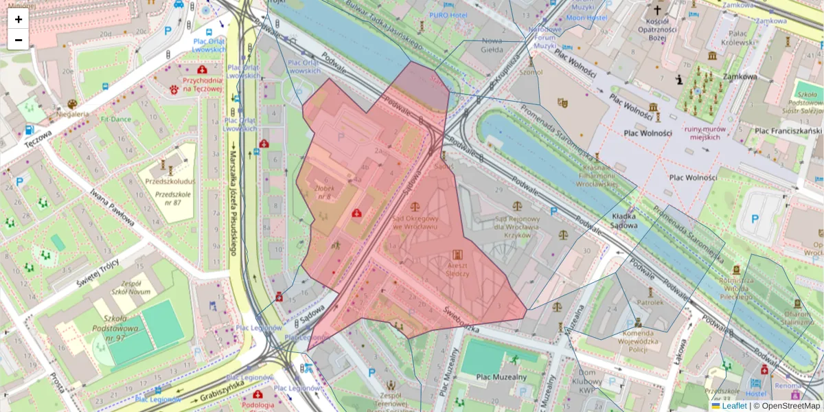 Szczegółowa mapa kodu pocztowego 50-046 z granicami, sąsiednimi kodami pocztowymi i urzędami pocztowymi