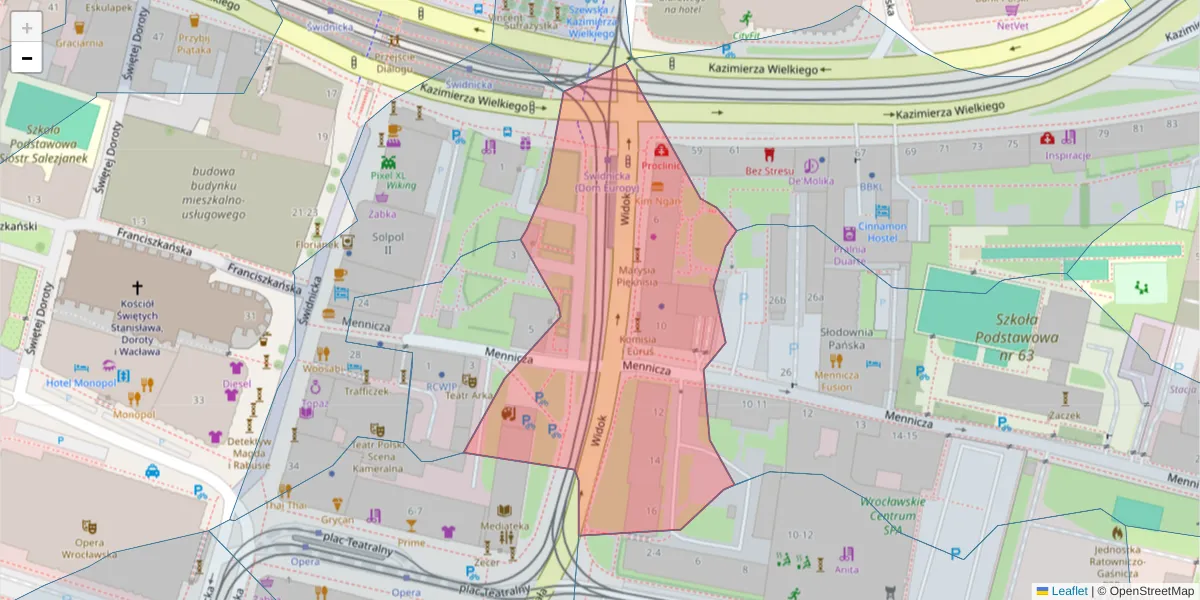 Szczegółowa mapa kodu pocztowego 50-052 z granicami, sąsiednimi kodami pocztowymi i urzędami pocztowymi