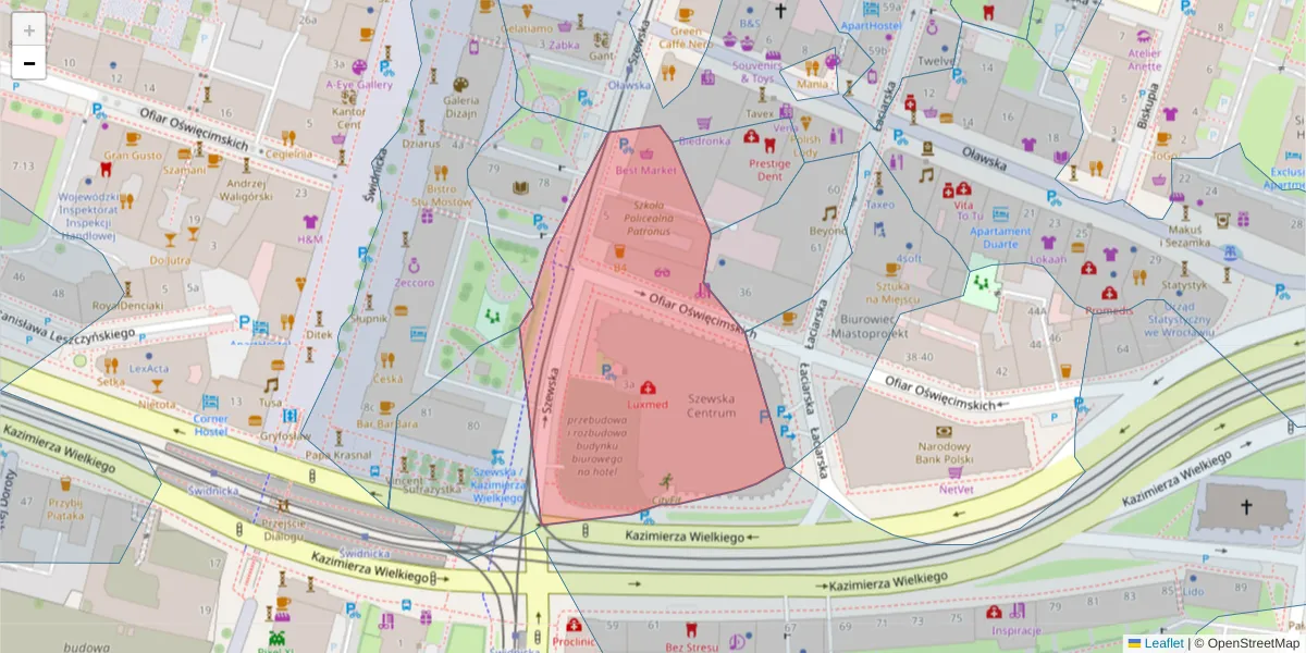 Szczegółowa mapa kodu pocztowego 50-053 z granicami, sąsiednimi kodami pocztowymi i urzędami pocztowymi