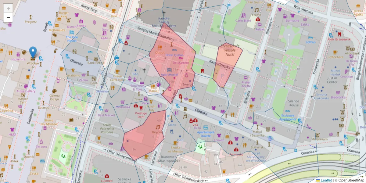 Szczegółowa mapa kodu pocztowego 50-105 z granicami, sąsiednimi kodami pocztowymi i urzędami pocztowymi