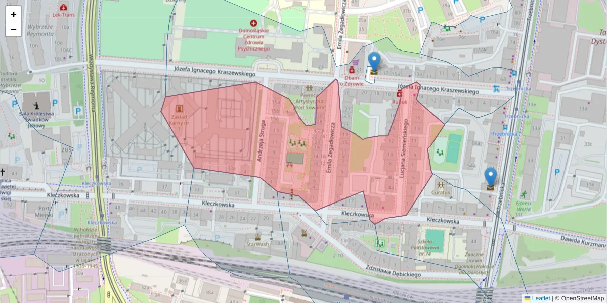 Szczegółowa mapa kodu pocztowego 50-228 z granicami, sąsiednimi kodami pocztowymi i urzędami pocztowymi