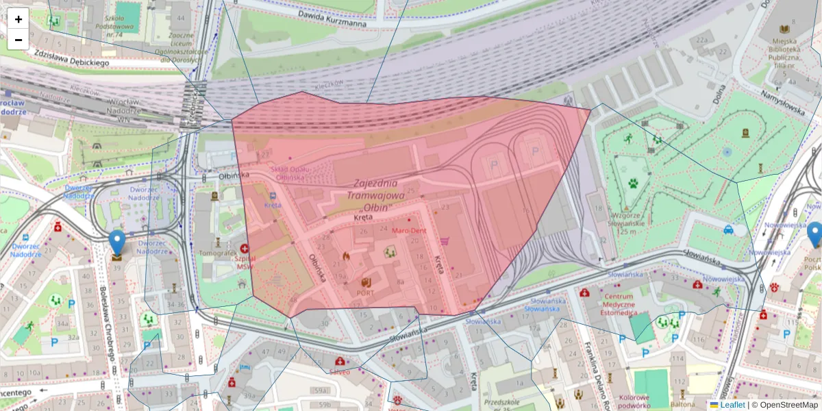 Szczegółowa mapa kodu pocztowego 50-233 z granicami, sąsiednimi kodami pocztowymi i urzędami pocztowymi