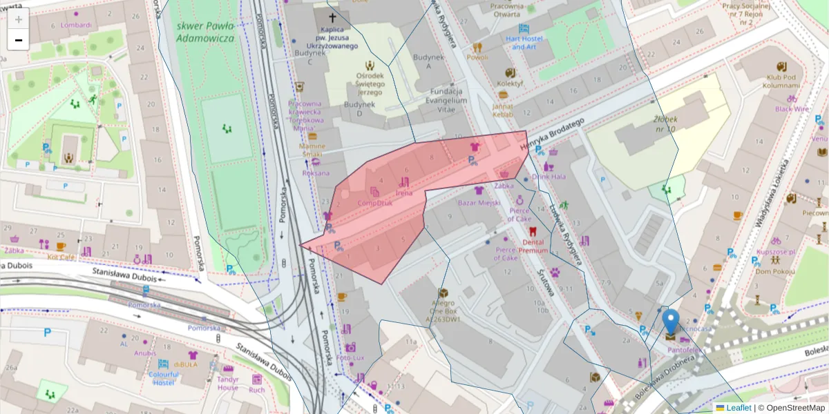 Szczegółowa mapa kodu pocztowego 50-250 z granicami, sąsiednimi kodami pocztowymi i urzędami pocztowymi