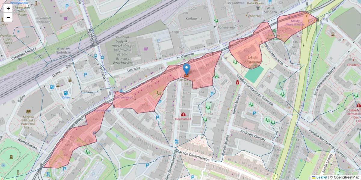 Szczegółowa mapa kodu pocztowego 50-303 z granicami, sąsiednimi kodami pocztowymi i urzędami pocztowymi