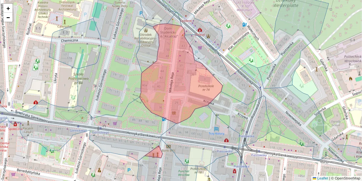 Szczegółowa mapa kodu pocztowego 50-338 z granicami, sąsiednimi kodami pocztowymi i urzędami pocztowymi