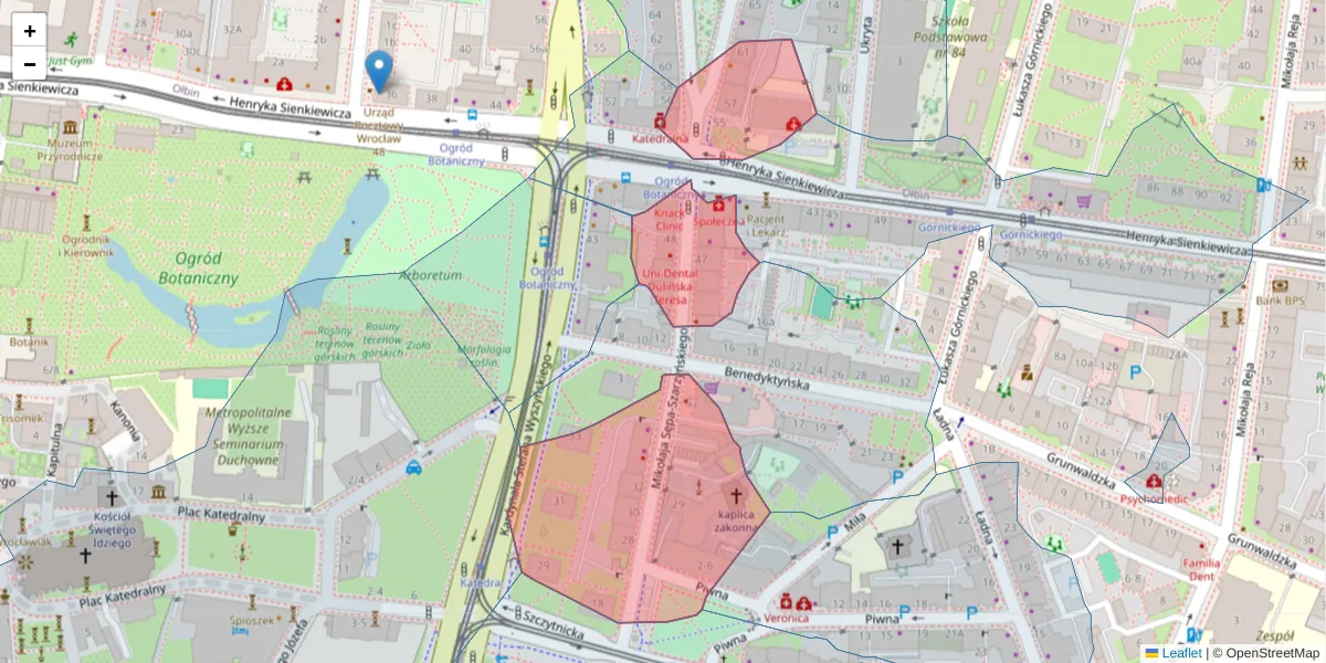 Szczegółowa mapa kodu pocztowego 50-351 z granicami, sąsiednimi kodami pocztowymi i urzędami pocztowymi
