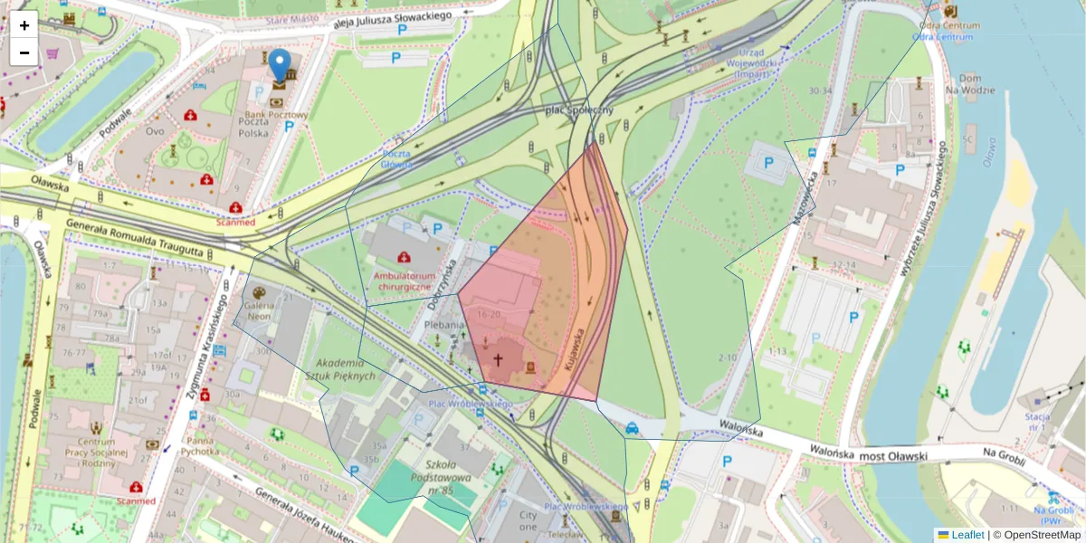 Szczegółowa mapa kodu pocztowego 50-407 z granicami, sąsiednimi kodami pocztowymi i urzędami pocztowymi
