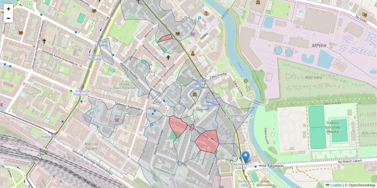 Szczegółowa mapa kodu pocztowego 50-438 z granicami, sąsiednimi kodami pocztowymi i urzędami pocztowymi