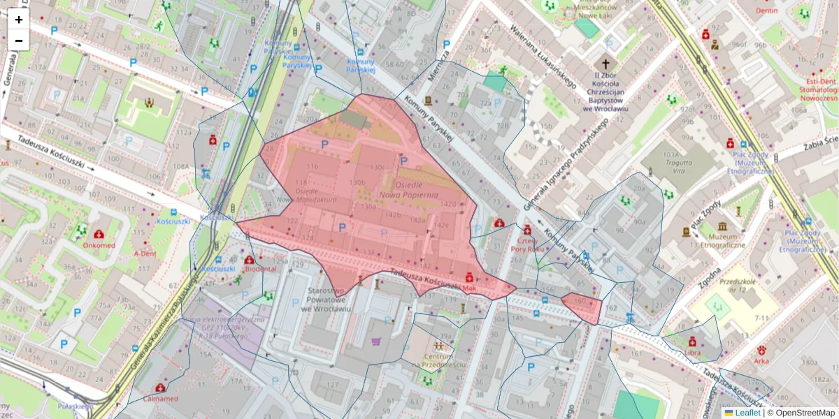 Szczegółowa mapa kodu pocztowego 50-439 z granicami, sąsiednimi kodami pocztowymi i urzędami pocztowymi