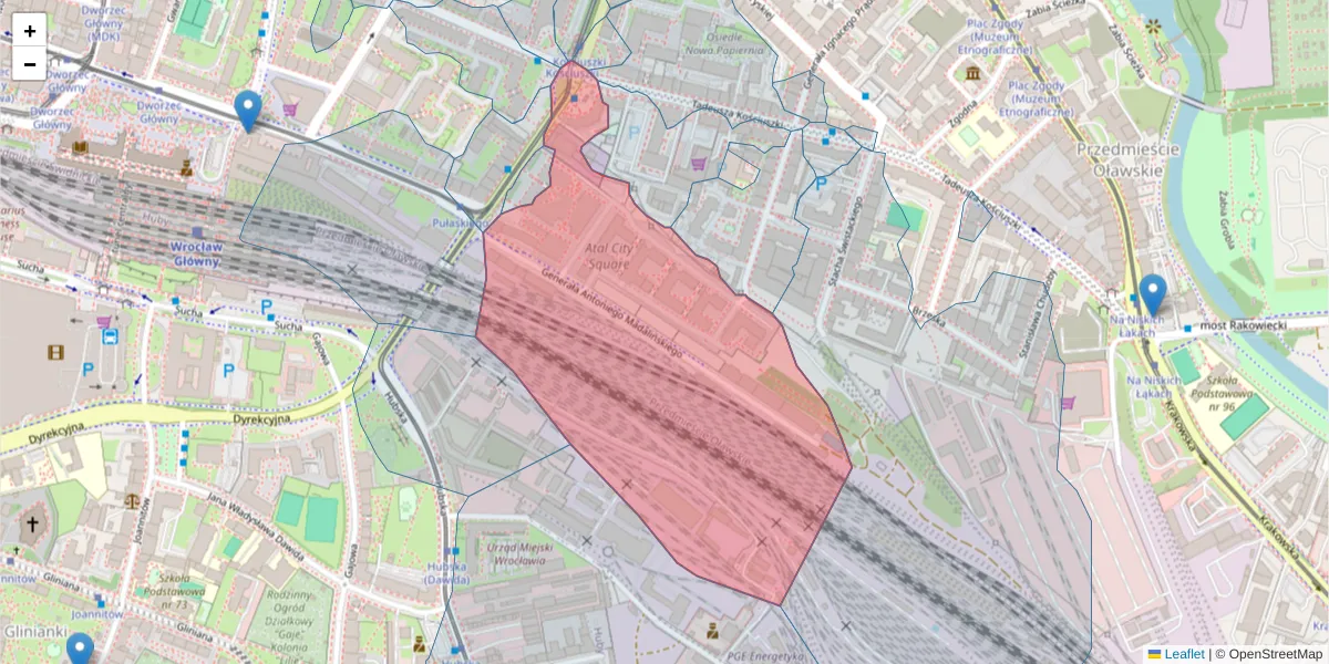 Szczegółowa mapa kodu pocztowego 50-443 z granicami, sąsiednimi kodami pocztowymi i urzędami pocztowymi