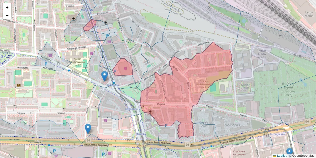 Szczegółowa mapa kodu pocztowego 50-505 z granicami, sąsiednimi kodami pocztowymi i urzędami pocztowymi