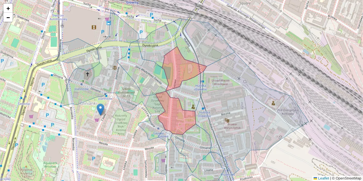Szczegółowa mapa kodu pocztowego 50-519 z granicami, sąsiednimi kodami pocztowymi i urzędami pocztowymi