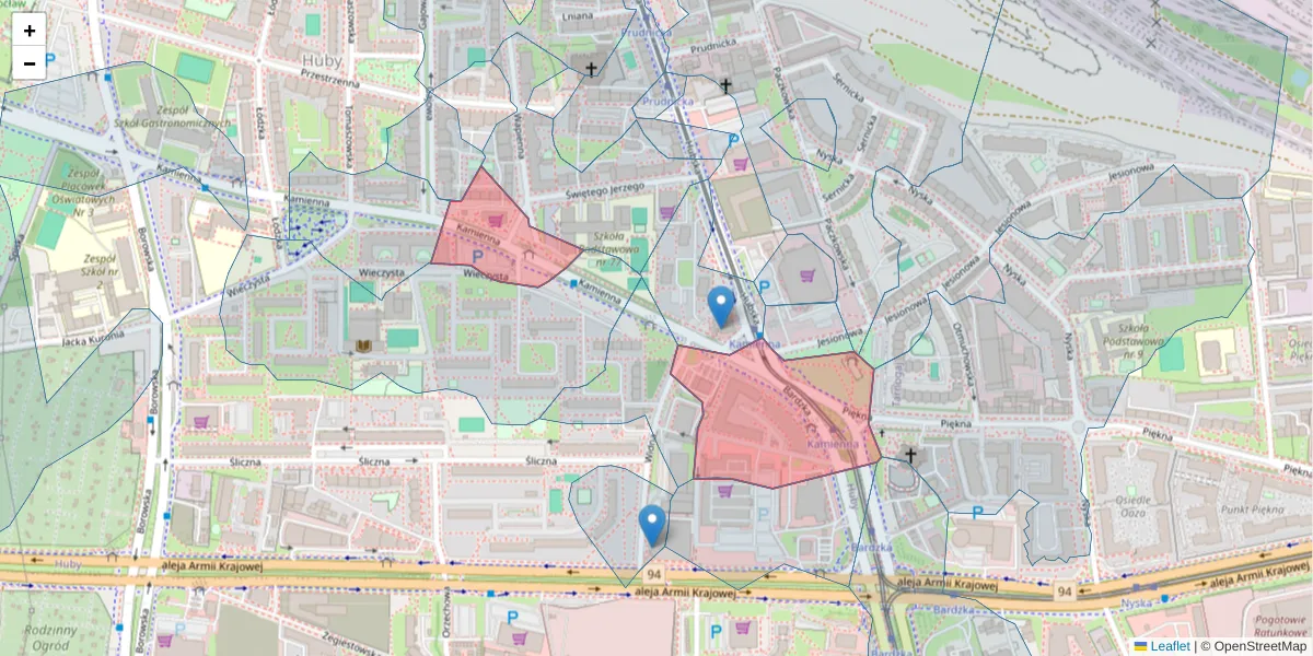 Szczegółowa mapa kodu pocztowego 50-545 z granicami, sąsiednimi kodami pocztowymi i urzędami pocztowymi