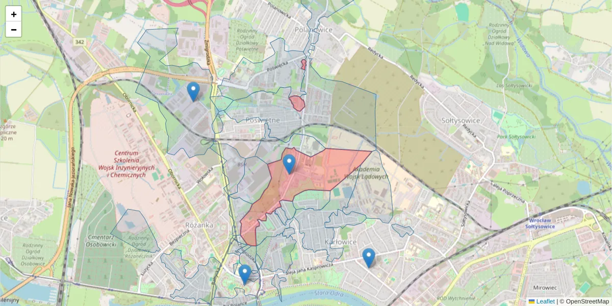 Szczegółowa mapa kodu pocztowego 51-124 z granicami, sąsiednimi kodami pocztowymi i urzędami pocztowymi