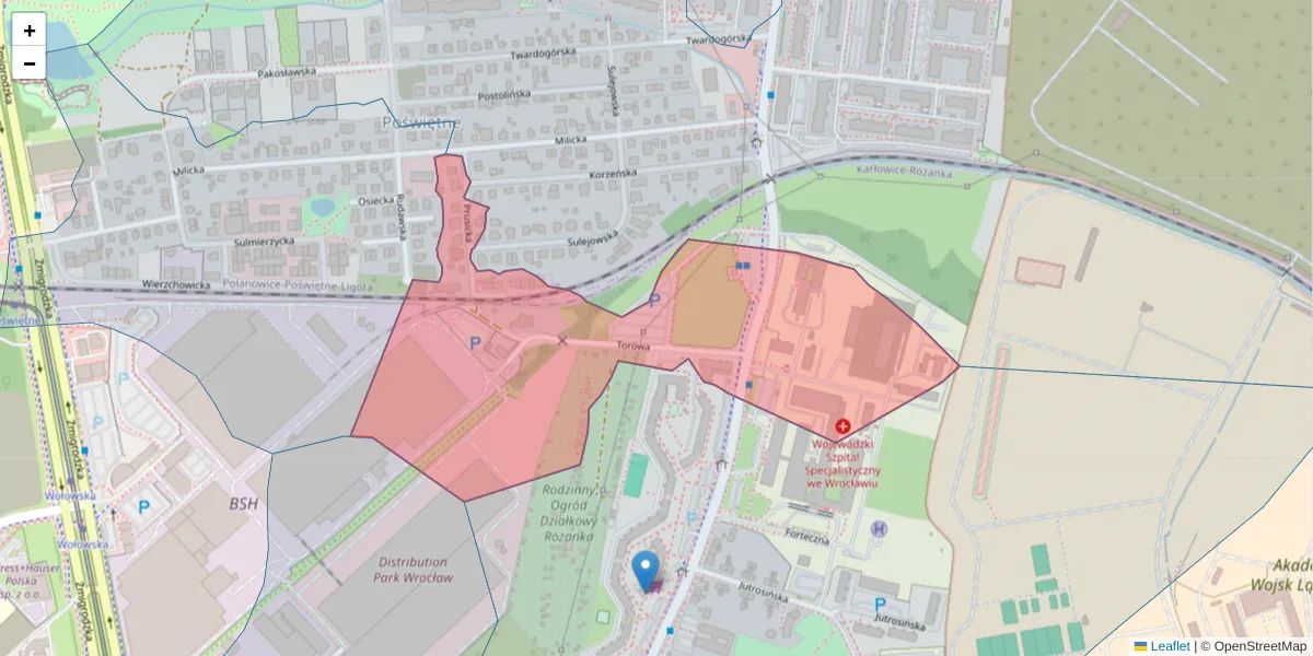 Szczegółowa mapa kodu pocztowego 51-125 z granicami, sąsiednimi kodami pocztowymi i urzędami pocztowymi