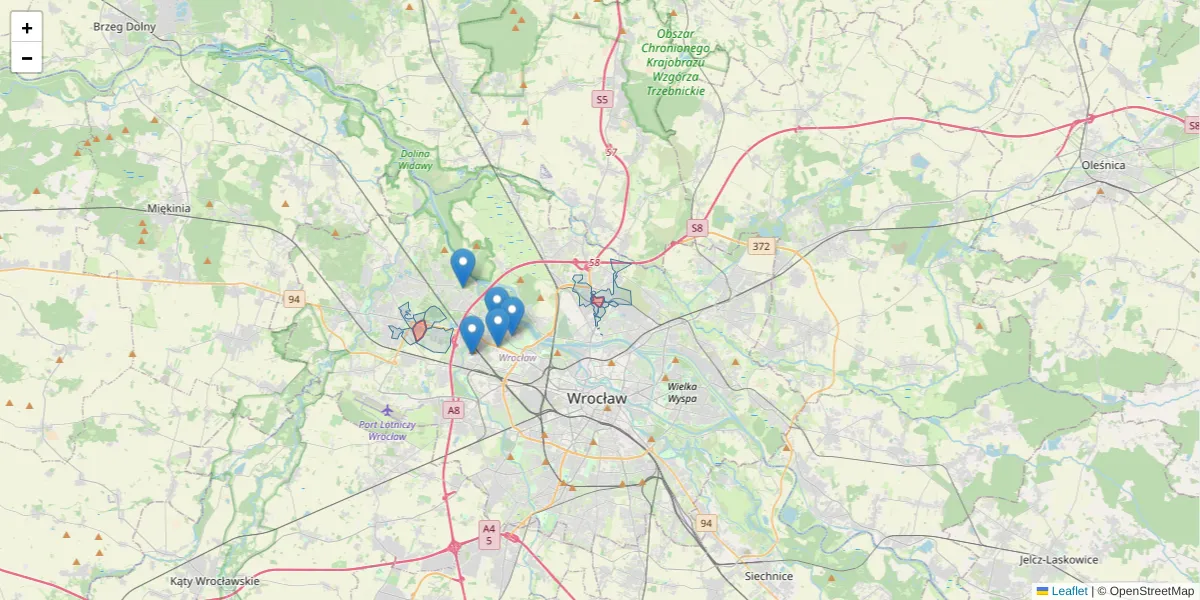 Szczegółowa mapa kodu pocztowego 51-127 z granicami, sąsiednimi kodami pocztowymi i urzędami pocztowymi