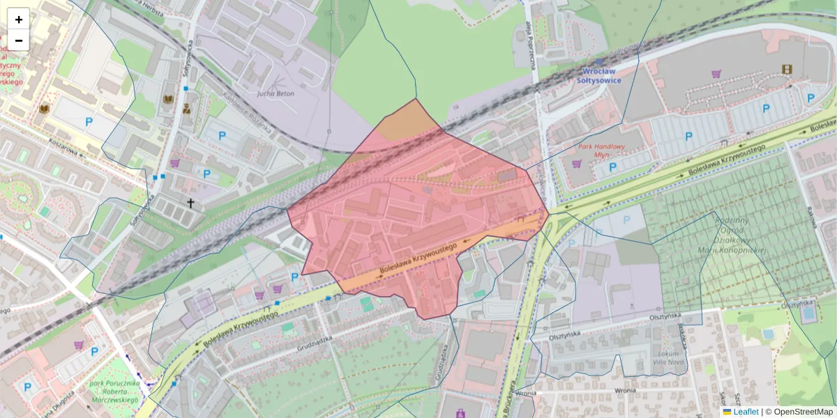 Szczegółowa mapa kodu pocztowego 51-166 z granicami, sąsiednimi kodami pocztowymi i urzędami pocztowymi