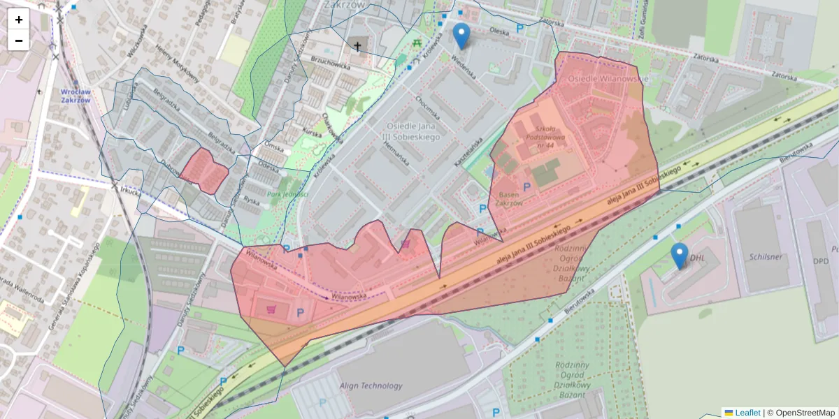 Szczegółowa mapa kodu pocztowego 51-206 z granicami, sąsiednimi kodami pocztowymi i urzędami pocztowymi