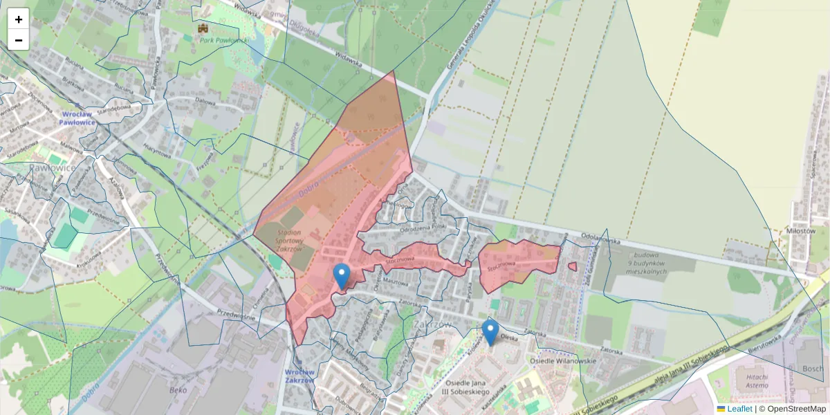 Szczegółowa mapa kodu pocztowego 51-216 z granicami, sąsiednimi kodami pocztowymi i urzędami pocztowymi