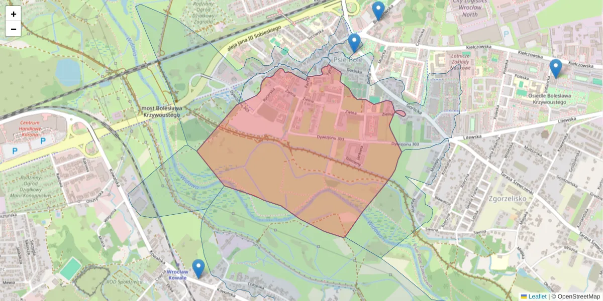 Szczegółowa mapa kodu pocztowego 51-313 z granicami, sąsiednimi kodami pocztowymi i urzędami pocztowymi
