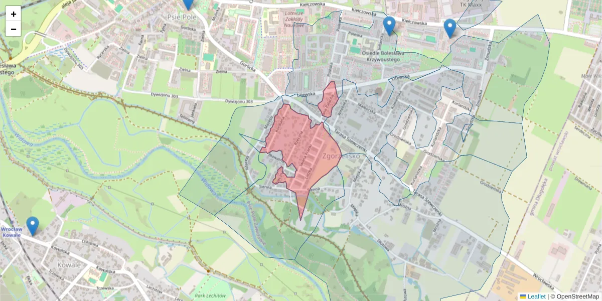 Szczegółowa mapa kodu pocztowego 51-348 z granicami, sąsiednimi kodami pocztowymi i urzędami pocztowymi