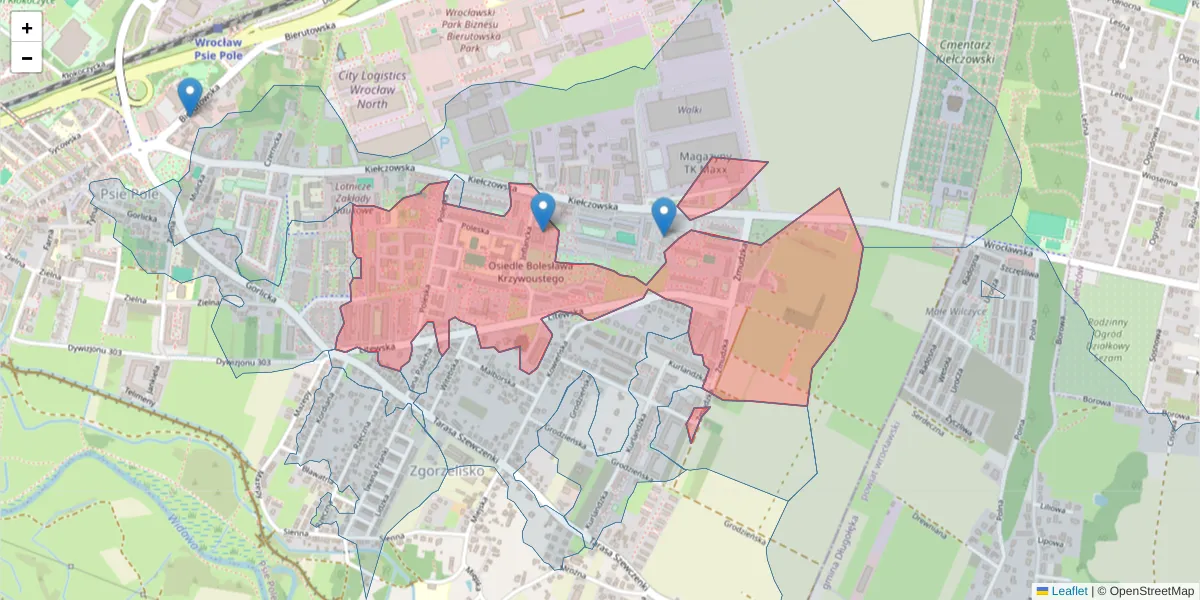 Szczegółowa mapa kodu pocztowego 51-354 z granicami, sąsiednimi kodami pocztowymi i urzędami pocztowymi