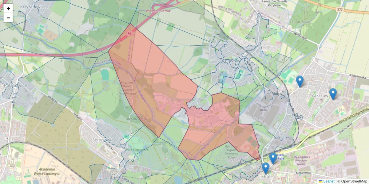 Szczegółowa mapa kodu pocztowego 51-376 z granicami, sąsiednimi kodami pocztowymi i urzędami pocztowymi