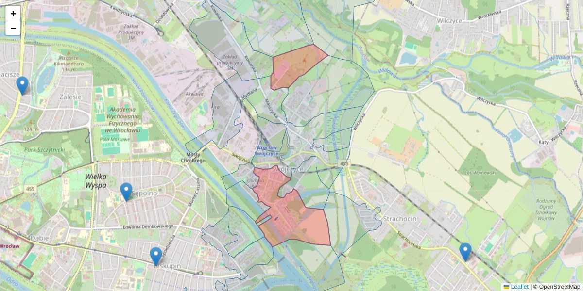 Szczegółowa mapa kodu pocztowego 51-505 z granicami, sąsiednimi kodami pocztowymi i urzędami pocztowymi