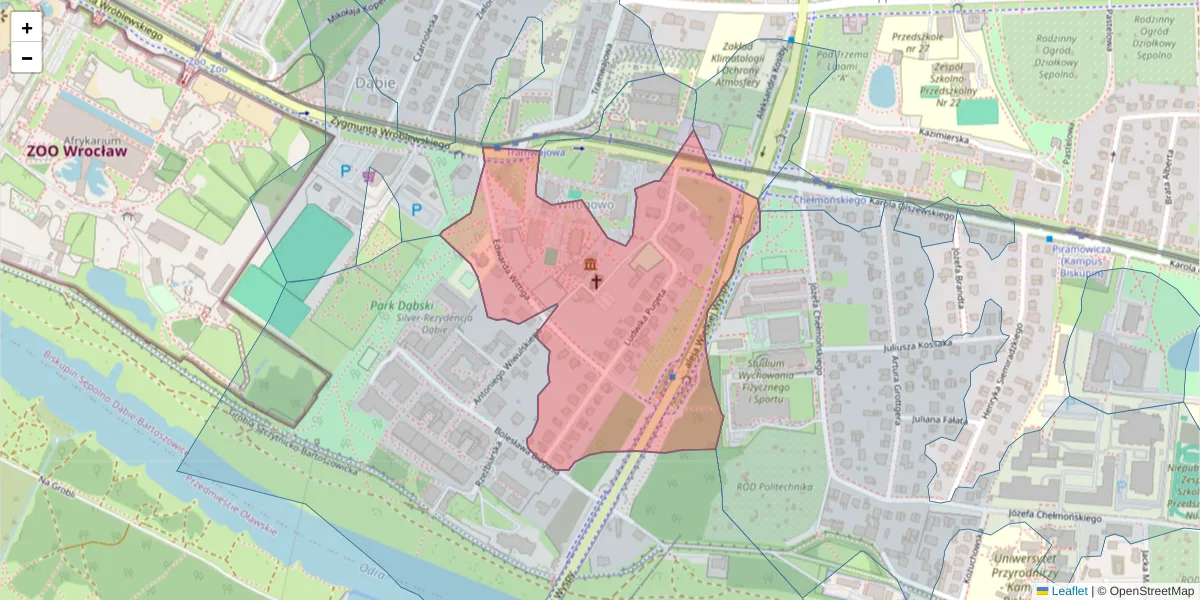 Szczegółowa mapa kodu pocztowego 51-628 z granicami, sąsiednimi kodami pocztowymi i urzędami pocztowymi