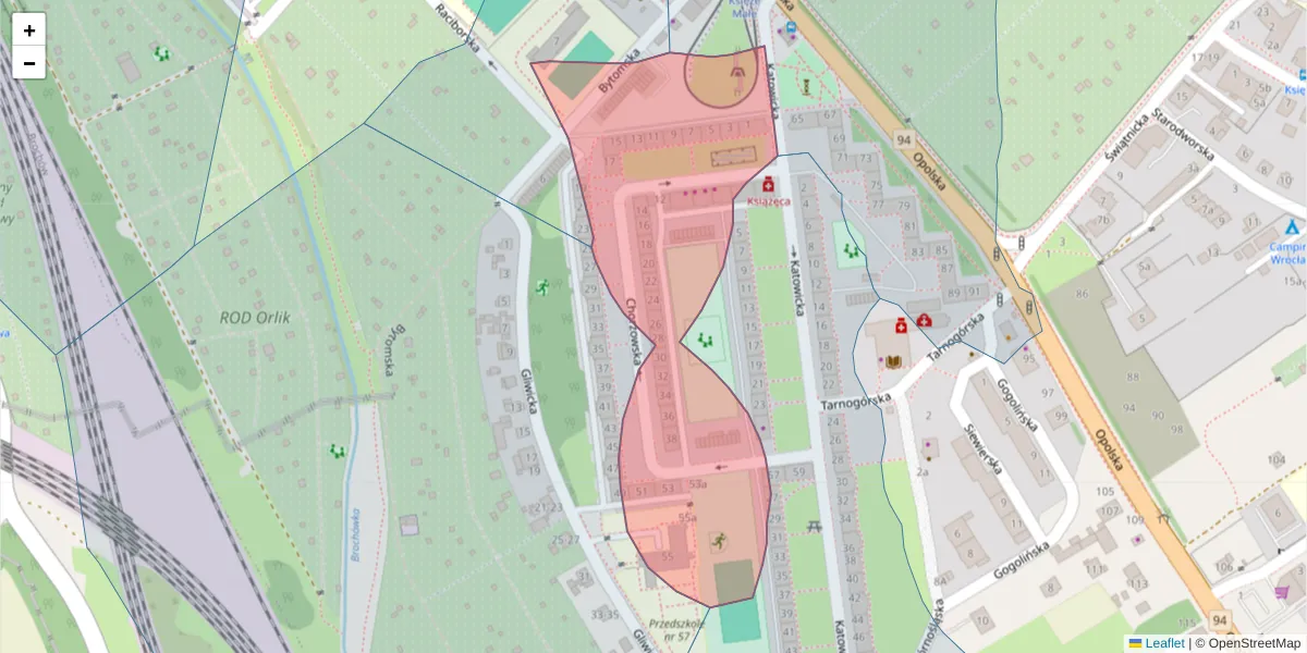 Szczegółowa mapa kodu pocztowego 52-023 z granicami, sąsiednimi kodami pocztowymi i urzędami pocztowymi
