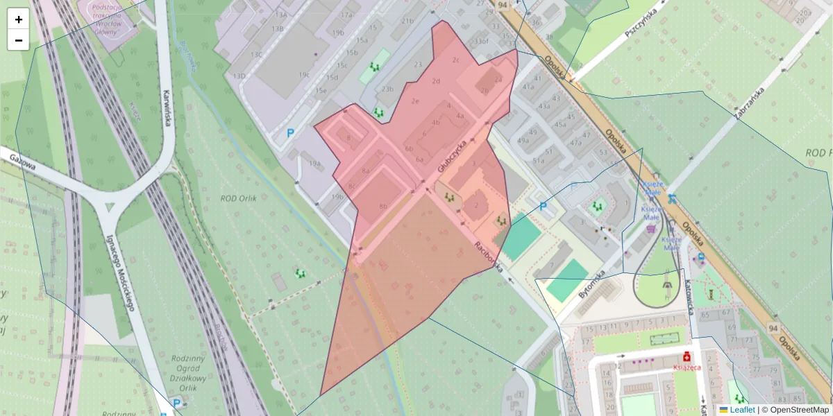 Szczegółowa mapa kodu pocztowego 52-026 z granicami, sąsiednimi kodami pocztowymi i urzędami pocztowymi