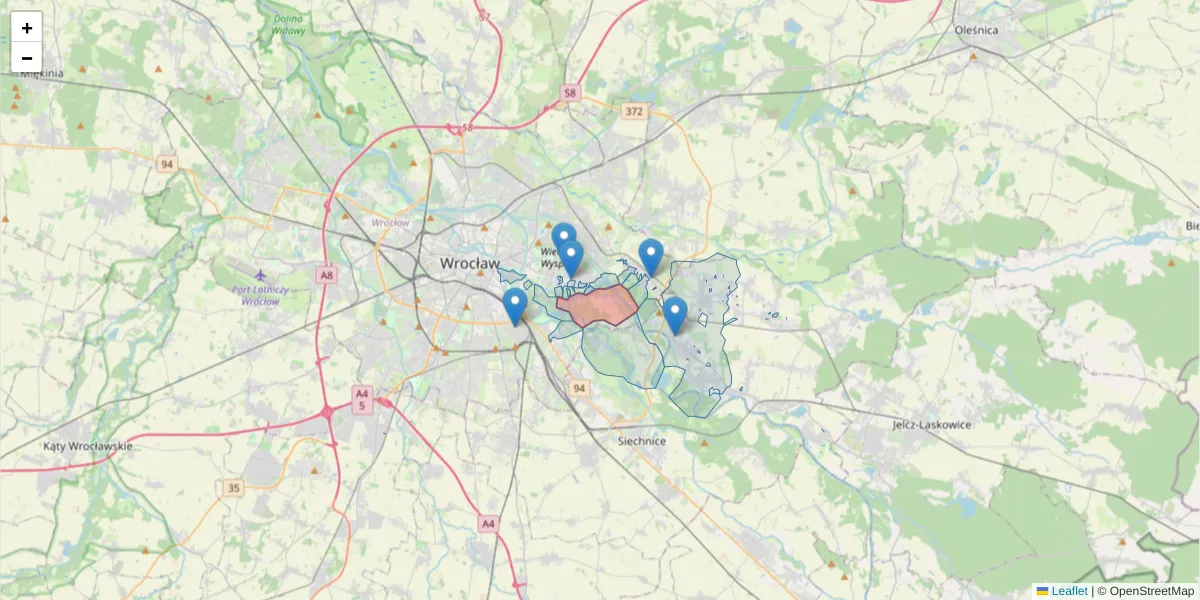 Szczegółowa mapa kodu pocztowego 52-028 z granicami, sąsiednimi kodami pocztowymi i urzędami pocztowymi
