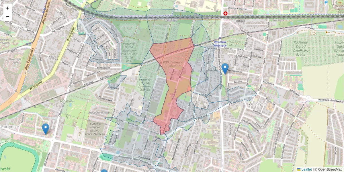 Szczegółowa mapa kodu pocztowego 52-209 z granicami, sąsiednimi kodami pocztowymi i urzędami pocztowymi