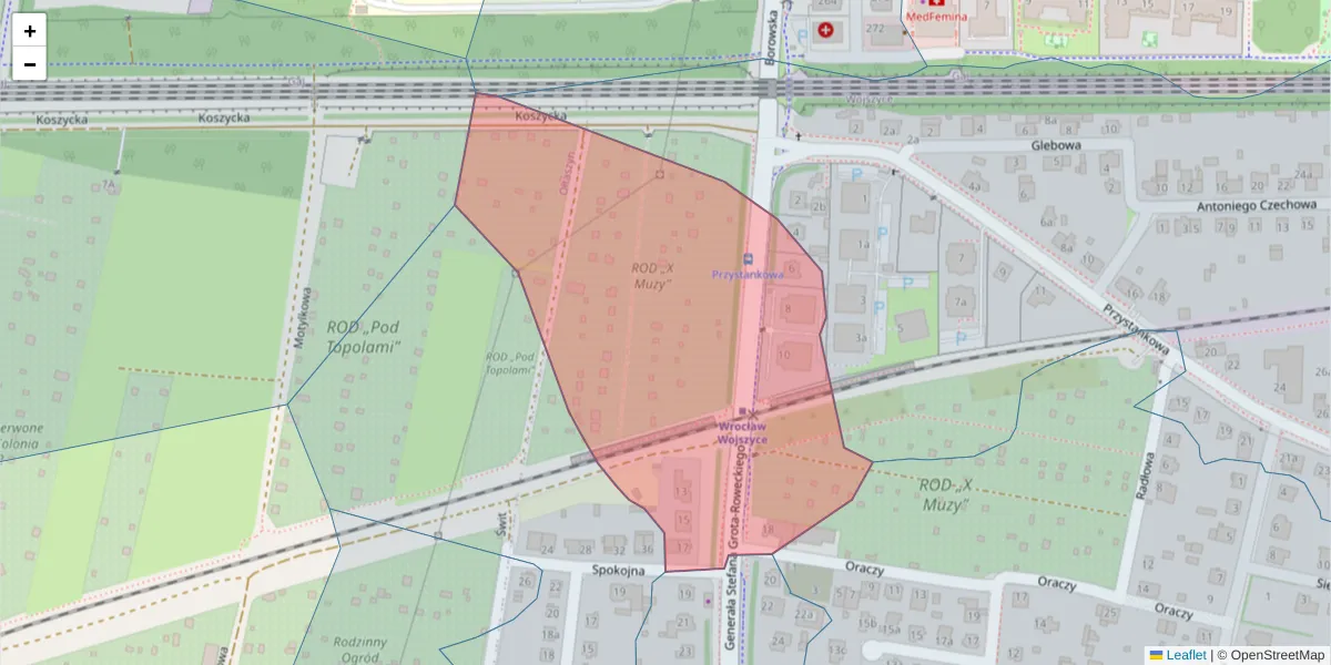 Szczegółowa mapa kodu pocztowego 52-220 z granicami, sąsiednimi kodami pocztowymi i urzędami pocztowymi