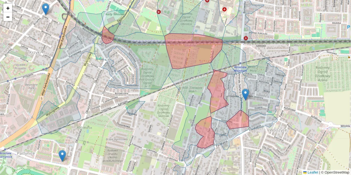 Szczegółowa mapa kodu pocztowego 52-225 z granicami, sąsiednimi kodami pocztowymi i urzędami pocztowymi